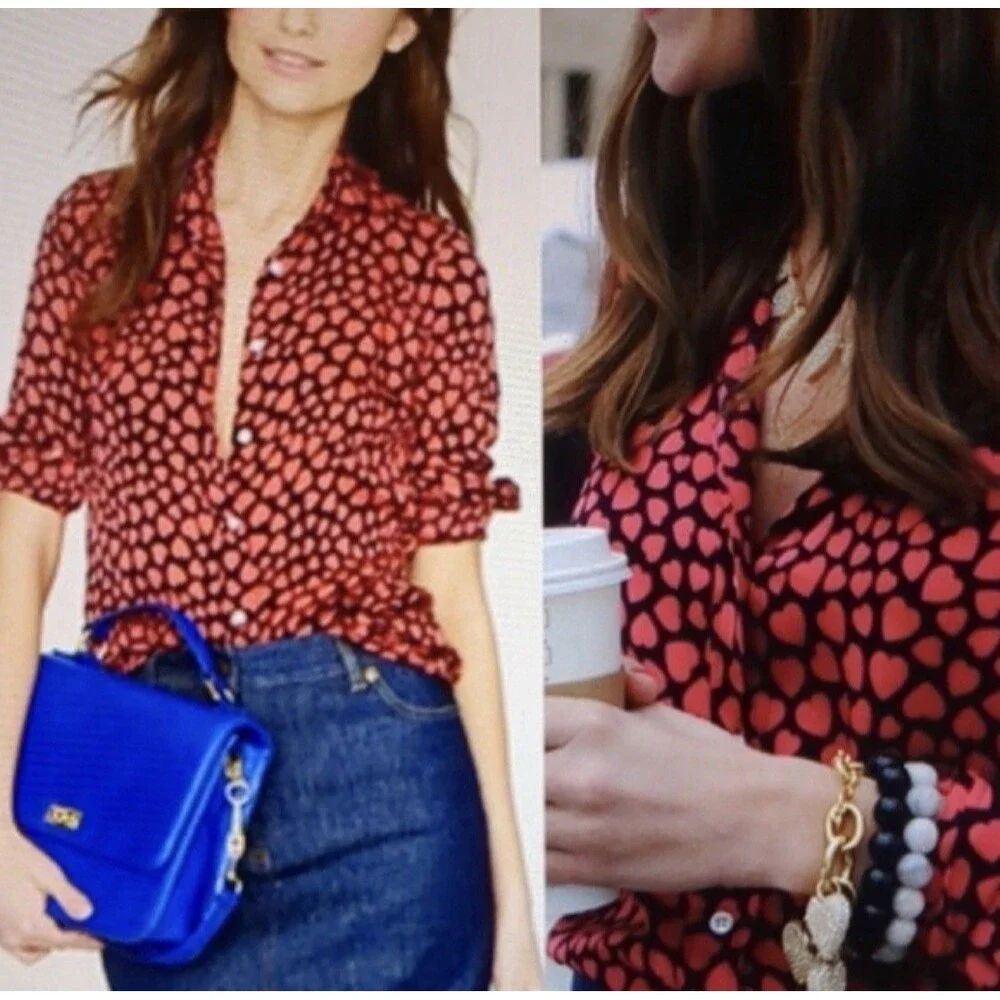 Valentines J Crew silk shirt button Down red hearts Navy XS Women’s Love